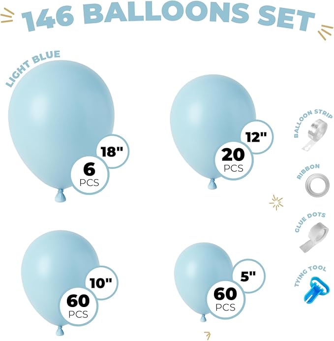 Balloon Garland Arch Kit – 146 Pcs Light Blue Balloons for Baby Shower, Birthday, Gender Reveal, Wedding Party – DIY Kit by Vellax™