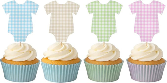 ALISSAR 36 Pcs Blue Pink & Sage Green Gingham Cupcake Toppers - Baby Shower Decorations for Boys Girls & Gender Neutral, Bodysuit & Cake Toppers Set, Diaper Cake Decor, Gender Reveal Party Supplies