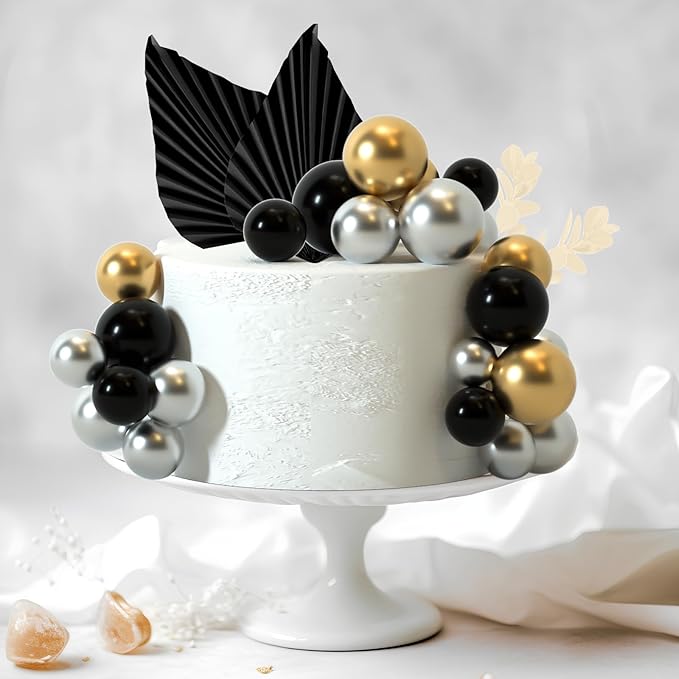 NEBURORA 64 Pcs Balls Cake Toppers and Leaves Decoration Set Mini Balloons for Cake Decorating Supplies Balls Cake decorations for Baby Shower Cake Toppers Birthday Cake Decorations (Black Gold）