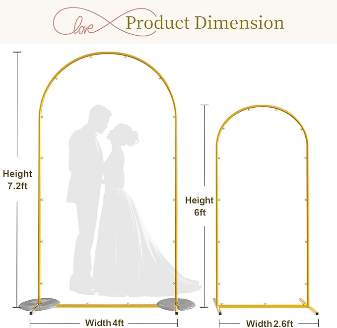 Snughome Arch Backdrop Stand, Set of 2 Metal Arch Stand (7.2FT+6FT), Gold Wedding Arch Frame for Party, Baby Shower, Holiday, Ideal for Balloon Flower