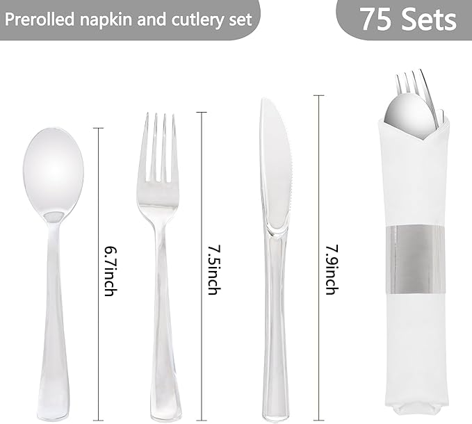 75 Pack Pre Rolled Silver Plastic Silverware Set,Wrapped Plastic Cutlery Set with Napkin Include 75 Forks,75 Spoons,75 Knives and 75 White Napkins for Party, Wedding,Birthday,Christmas