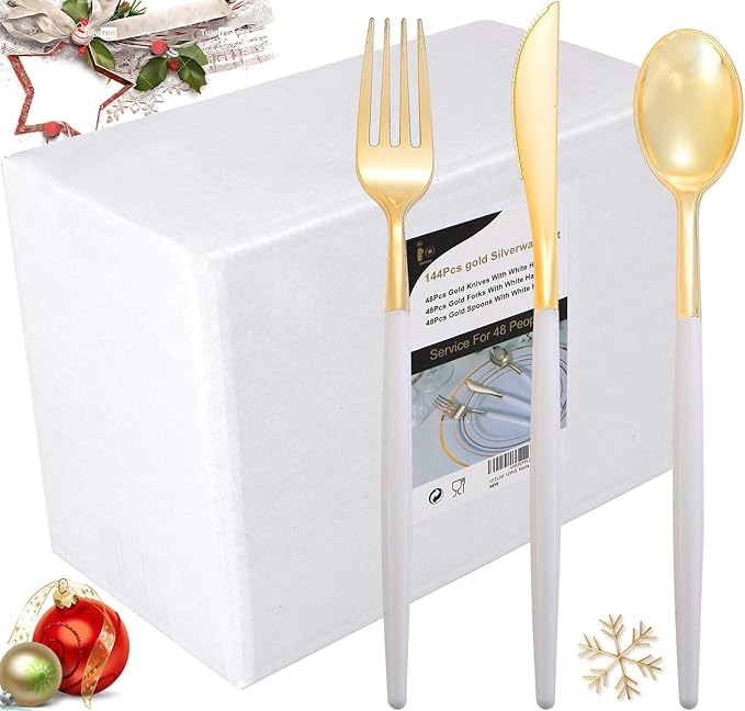 I00000 144Pcs Gold Plastic Silverware, Gold Plastic Utensils Set,Disposable Utensils Heavy Duty,Disposable Silverware Set Includes 48 Forks,48 Knives,48 Spoons for Party & Thanksgiving