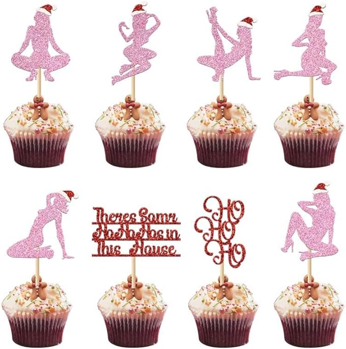 24Pcs Christmas Cupcake Toppers Pink Glitter Bachelor Cupcake Picks Christmas Hat Hohoho Eve Decorations for Night Out Bachelorette Wedding Bridal Shower