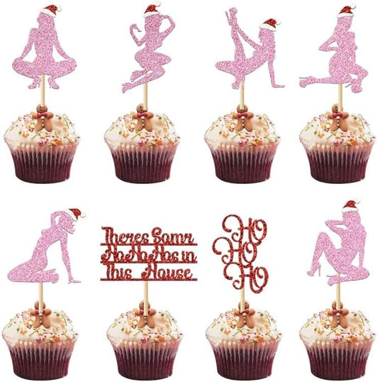 24Pcs Christmas Cupcake Toppers Pink Glitter Bachelor Cupcake Picks Christmas Hat Hohoho Eve Decorations for Night Out Bachelorette Wedding Bridal Shower