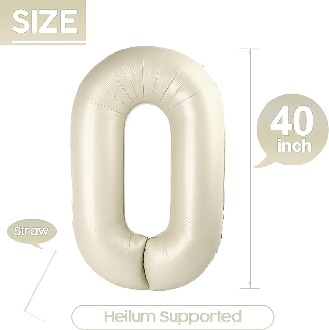 0 Balloon - Cream Birthday Number Balloons, 40 Inch Large Foil Balloons for Men Women Boys Girls Cream Themed Birthday Decorations