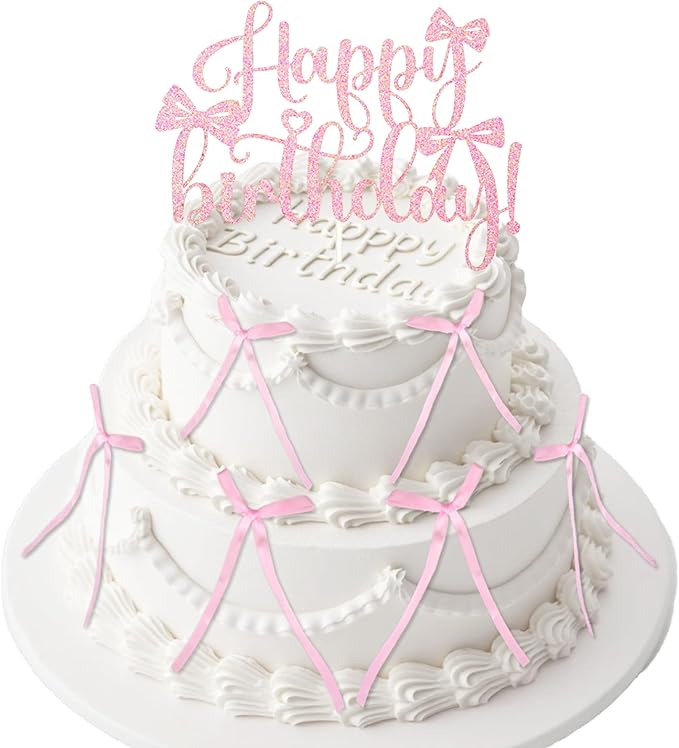 6 PCS Bow Cake Toppers Pink Bow Birthday Decorations Coquette Birthday Decorations Bows for Cake Wedding Party High Footed Cup Balloons Anniversary Party Supplies