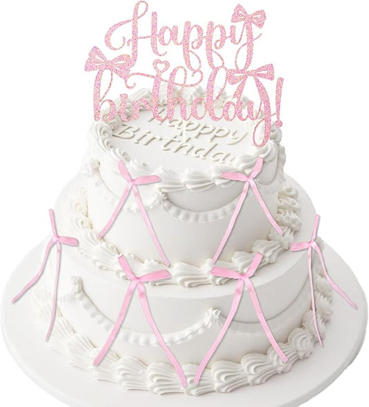 6 PCS Bow Cake Toppers Pink Bow Birthday Decorations Coquette Birthday Decorations Bows for Cake Wedding Party High Footed Cup Balloons Anniversary Party Supplies