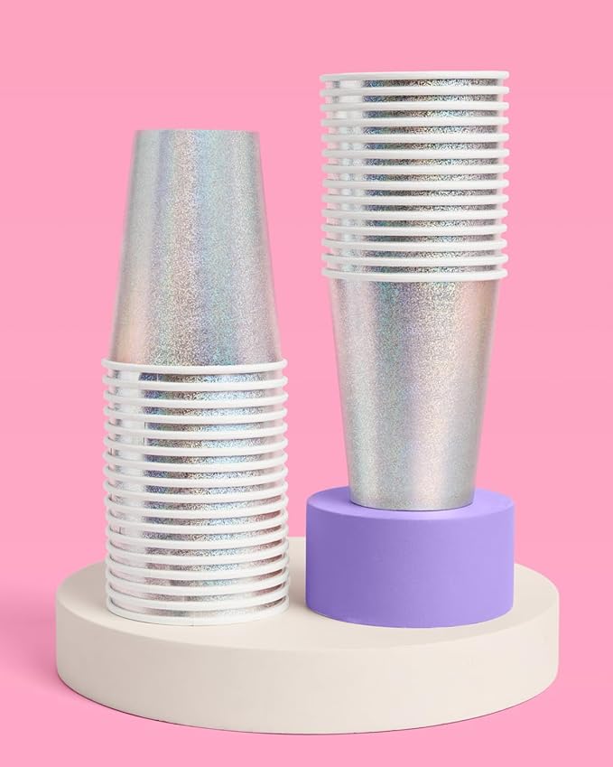 xo, Fetti Silver Iridescent Shimmer Paper Cups | 50 pcs 12 oz | Holographic Bachelorette Party Drinkware, Birthday Tablescape Supplies, NYE Disco Rave Decor