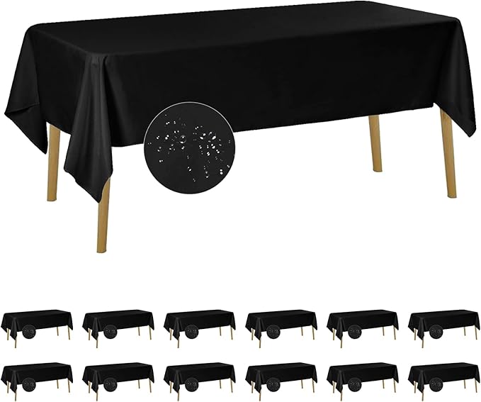 Fokitut 12 Pack Waterproof Rectangle Tablecloth, 60x120 Inch,Stain Resistant and Wrinkle Polyester Table Cloth, Fabric Table Cover for Kitchen Dining, Wedding, Party, Holiday Dinner-Black