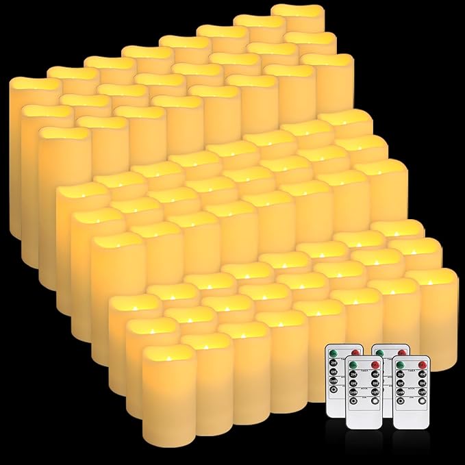 144-Pack LED Flameless Flickering Candles with Remote Control and 2/4/6/8 H Timer Led Pillar Candles of Wedding, Table, Halloween,Christmas Decorations and Special Occasions (Three Sizes)