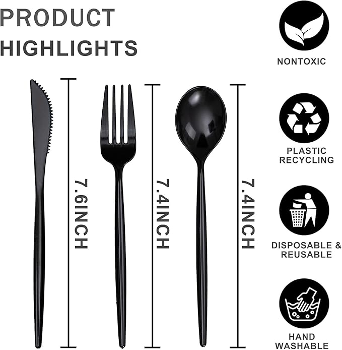 Rubtlamp 90Pcs Plastic Black Silverware, New Year black Disposable Cutlery, Plastic Utensils Heavy Duty include 30 Disposable Knives,60 plastic Forks and Spoons, black Cutlery For New Year Party