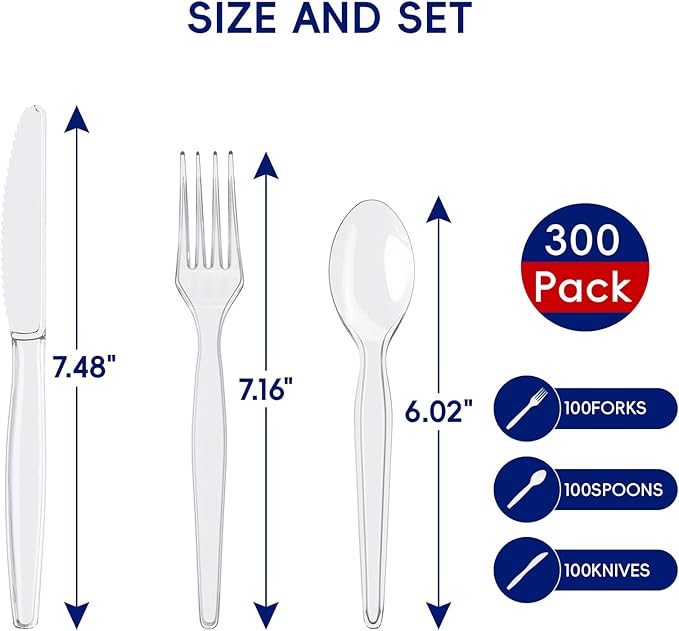 JOLLY CHEF 300 Count Clear Plastic Silverware, 100 Forks, 100 Spoons, 100 Knives, Heavy Duty Disposable Plastic Cutlery Set, Plasticware Bulk, Premium Clear Utensils for Party, Christmas
