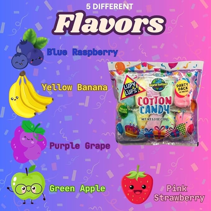 Lupy Lups Cotton Candy Party Pack of Assorted Flavors 4 Individually Wrapped 2.12oz Servings