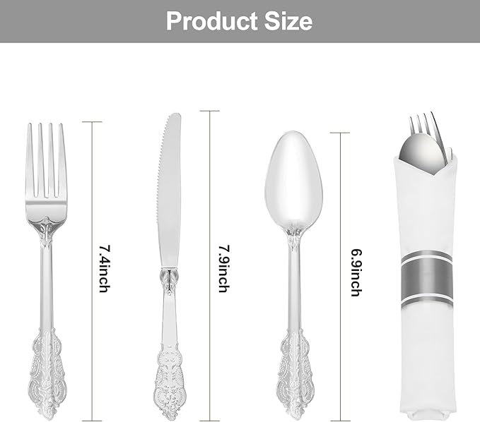 100 Pack Silver Plastic Silverware with Pre Rolled Napkins for 100 Guests, Silver Disposable Utensils Sets Includes 300 Plastic Cutlery, and 100 Napkins for Party & Wedding