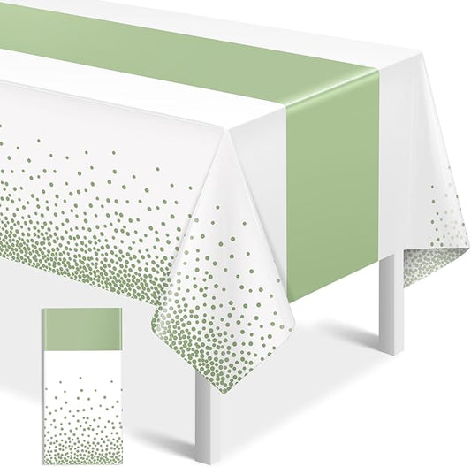1Pcs White and Sage Green Tablecloth Decorations,Plastic White Table Cloth Printed Green Table Runner Disposable Rectangle Tables Cover for Birthday Wedding Anniversary Graduation Party,54 x108 Inch