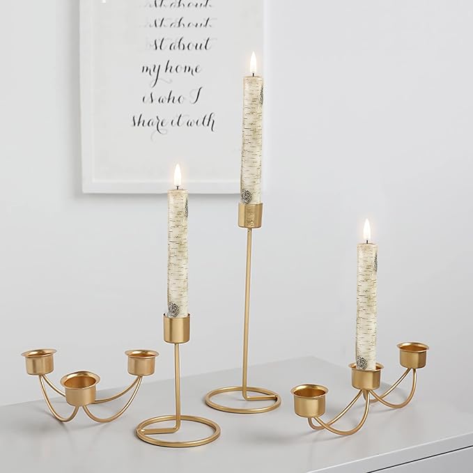 Eywamage Birch Bark Flameless Taper Candles with Remote, Short Wood LED Wax Candlesticks Flickering Battery Operated Set of 6