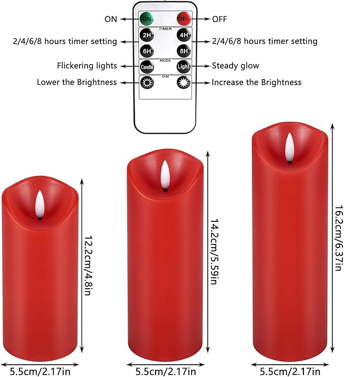24 Pack Red LED Candles with Remote & Timer - Flameless Pillar Candles with 3D Flickering Flame, Battery Operated for Christmas Tree, Table Centerpieces, Party Decor