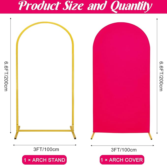 Metal Arch Stand and Cover Set,1 Fushia Spandex Fitted Backdrop with 1 Gold Wedding Arched Stand Frame for Parties Birthday Baby Shower Bridal Banquet Decoration (6.6FT)