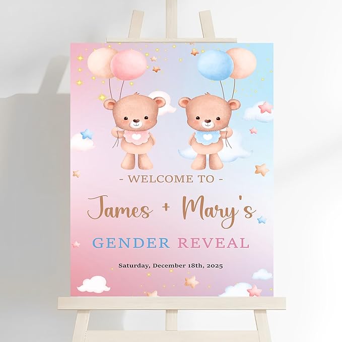 Welcome Baby Boy Or Girl Signs - Bear And Balloons Gender Reveal
