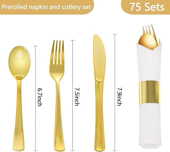 75 Pack Pre Rolled Gold Plastic Silverware Set,Wrapped Plastic Cutlery Set with Napkin Include 75 Forks,75 Spoons,75 Knives and 75 White Napkins for Party, Wedding,Birthday,Christmas