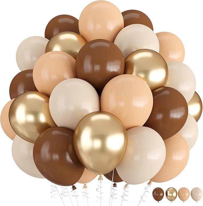 Balloons Brown and Gold, 60 Packs 12 Inch Retro Brown Cream Beige Balloon Sand White Neutral Balloons Metallic Gold Balloon for Bear Birthday Baby Shower Boho Wedding Decorations