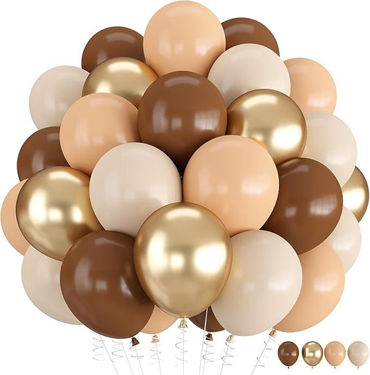 Balloons Brown and Gold, 60 Packs 12 Inch Retro Brown Cream Beige Balloon Sand White Neutral Balloons Metallic Gold Balloon for Bear Birthday Baby Shower Boho Wedding Decorations