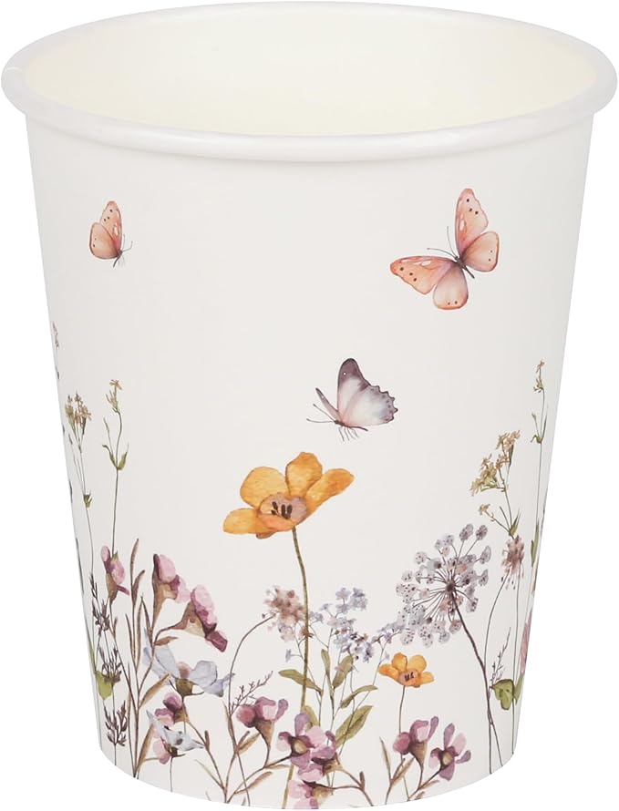 100Pcs Fall Wildflower Paper Cups Watercolor Floral Party Cups 9oz Rustic Botanical Butterflies Disposable Coffee Cups for Spring Summer Birthday Bridal Baby Shower Tea Party Supplies
