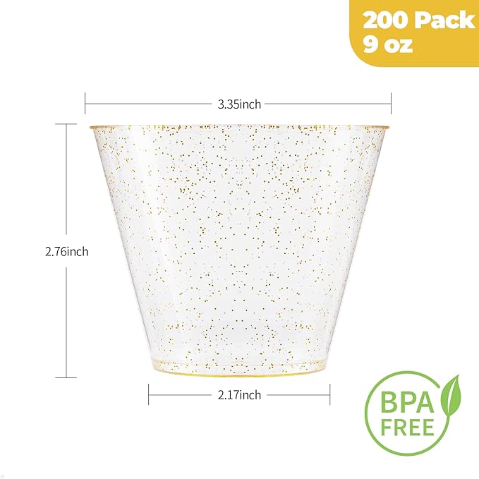 Goodluck 9 oz 200 PCS Gold Glitter Plastic Cups, Disposable Glitter Cups, Elegant Plastic Cocktail Glasses, Fancy Party Cups for Wedding, Birthday, Holiday