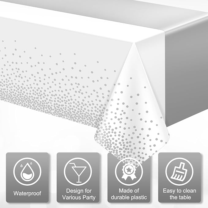 3Pcs White and Silver Tablecloth Party Decorations,Plastic White Table Cloth Printed Silver Runner Disposable Rectangle Table Cover for Birthday Wedding Anniversary Graduation Party,54 x108 Inch