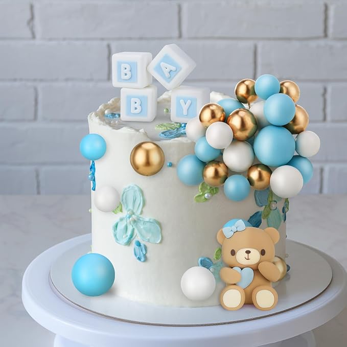 29 Pcs Ball Cake Toppers Bear Cake Decorations with Cute Bear Blue BABY Letter Blue Gold White Foam Balloon for Baby Shower Girl Boy (Blue, White, Gold)