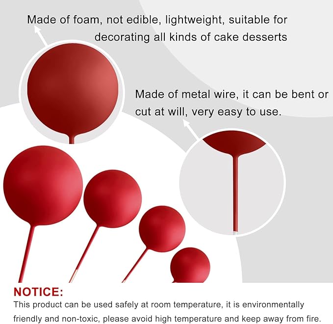 ASTARON 32 Pcs Ball Cake Topper Decorations Mini Balloons Cake Topper Sticks Foam Balls Cake Picks for Graduation Wedding Party Birthday Cake Decorating (Red Black)