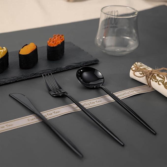 180PCS Black Plastic Silverware,Heavy Duty Disposable Utensils Include 60 Forks,60 Spoons and 60 Knives,Black Cutlery Plastic Silverware Sets for Party, Birthday,Wedding