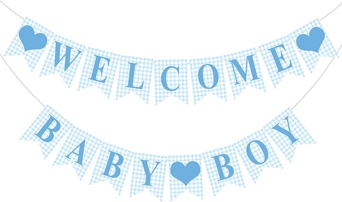 1 Pcs Blue Gingham Welcome Baby Boy Banner for Baby Shower Party Decorations Pre Strung Gender Reveal Paper Banner for Table, Wall, Mantel Display Party Decor Supplies