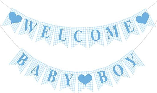 1 Pcs Blue Gingham Welcome Baby Boy Banner for Baby Shower Party Decorations Pre Strung Gender Reveal Paper Banner for Table, Wall, Mantel Display Party Decor Supplies