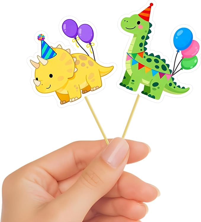 48Pcs Dinosaur Cake Toppers Set - Dinosaur Cupcake Toppers for Birthday Party Decorations, Dino Themed Baby Shower, Cake Decorations with Food-Safe Bamboo Sticks