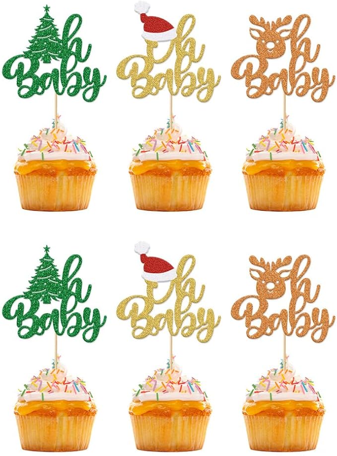 24Pcs Christmas Oh Baby Cupcake Toppers Glitter Christmas Tree Reindeer Santa Hat Baby Shower Birthday Cupcake Picks for Theme Baby Shower Kids Birthday Party