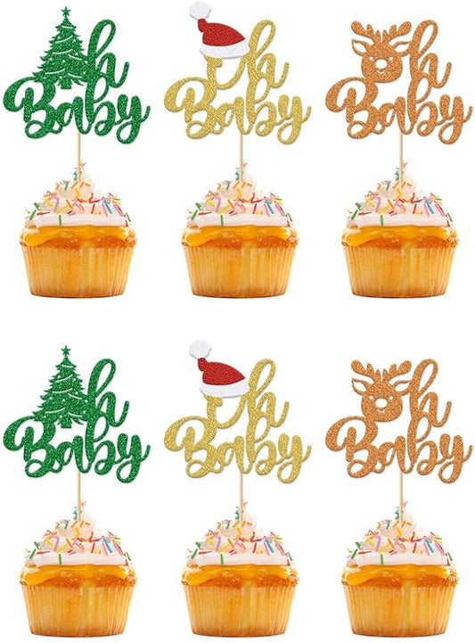 24Pcs Christmas Oh Baby Cupcake Toppers Glitter Christmas Tree Reindeer Santa Hat Baby Shower Birthday Cupcake Picks for Theme Baby Shower Kids Birthday Party