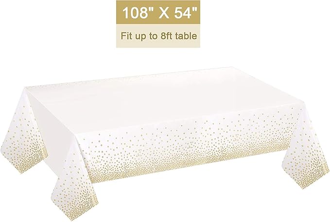 Gexolenu 2 Pack White and Gold Disposable Plastic Tablecloth for Rectangle Tables(54" x 108"), Disposable Waterproof Table Cover for Birthday, Graduation, Gold Table Cloths Party Supplies