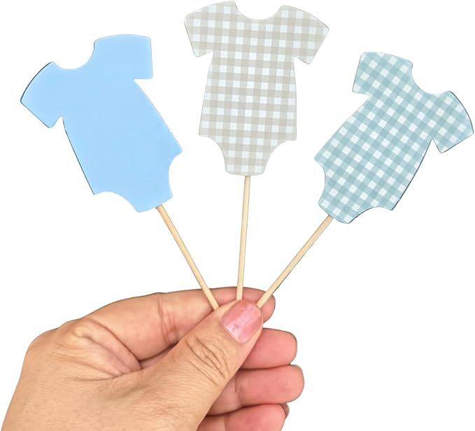 ALISSAR 36 Pcs Blue Gingham Cupcake Toppers - Baby Shower Decorations for Boys, Bodysuit & Cupcake Toppers, Diaper Cake Decor, Gender Reveal Party Supplies