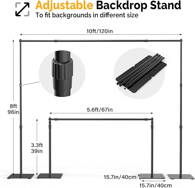 Backdrop Stand, 8x10 ft Adjustable Photo Backdrop Stand Kit, Heavy Duty Background Stand with Steel Base for Photography, Baby Shower, Birthday Parties, Wedding