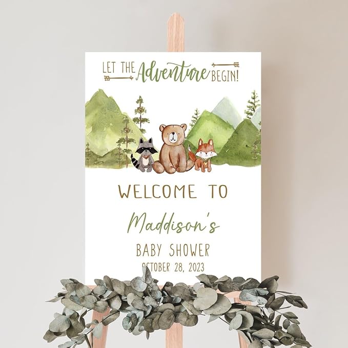Let the Adventure Begin Baby Shower Sign, Adventure Woodland Baby Shower Sign, Forest Baby Shower Sign, Welcome Sign for Baby Shower, Welcome Baby Shower Sign, Baby Shower Signs