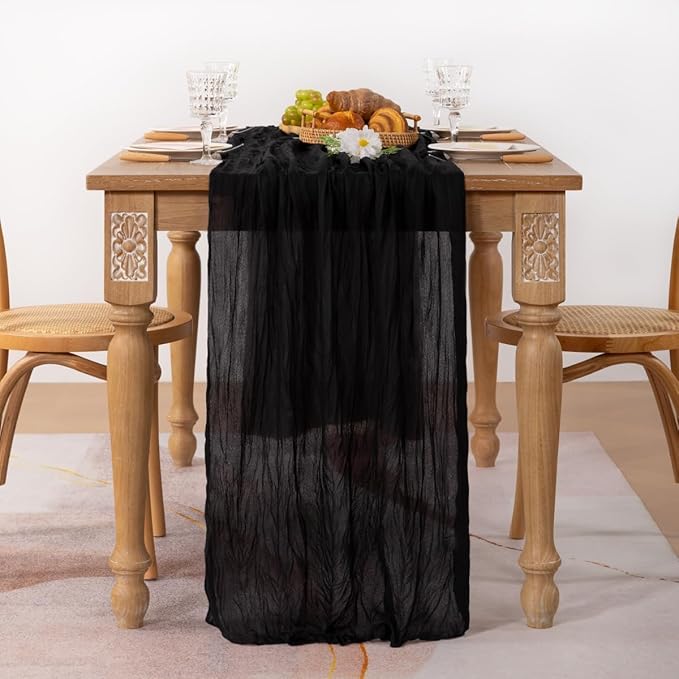 MLMC 3 Pack Black Table Runner 10ft Rustic Gauze Cheesecloth Table Runner 35x120 Inches Cheese Cloth Centerpiece for Wedding Party Bridal Shower Anniversary Events Gothic Decor