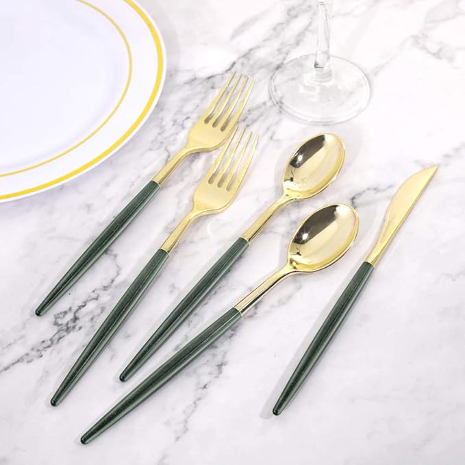 Supernal 180pcs Gold and Green Plastic Silverware Extra Heavy Duty Gold Plastic Cutlery with Green Glitter Handle Disposable Flatware for Parties, Weddings, and Outdoor Events