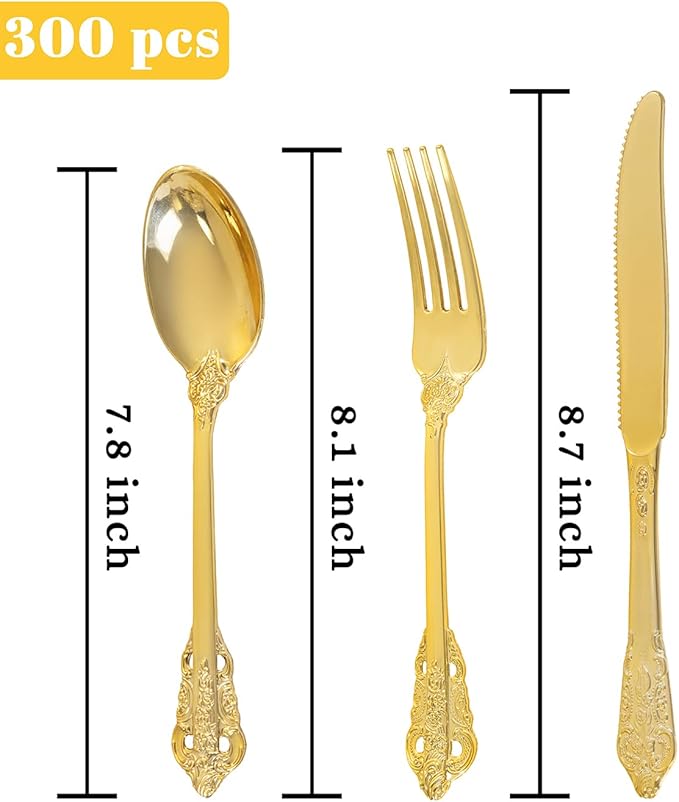bUCLA HEAVYWEIGHT 300PCS Gold Plastic Silverware Disposable - Extra Heavy Duty Plastic Cutlery - Gold Disposable Utensils Set - Include 100 Knives, 100 Forks, 100 Spoons for Party & Special Moments