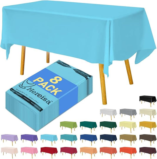 8-Count Light Blue Disposable Plastic Tablecloths Rectangle 54x108 Inch - Extra Long Waterproof Banquet Table Covers for Parties & Catering