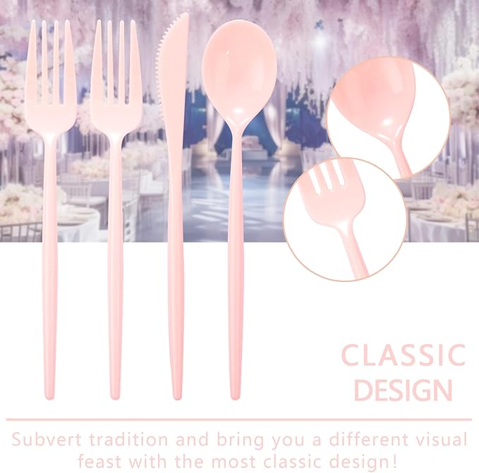 Supernal 180pcs Pink Plastic Silverware Heavy Duty Pink Party Disposable Cutlery Plastic Forks and Spoons Disposable Utensils Include 60 Forks,60 Knvies,60 Spoons for Wedding,Party or Daily Using