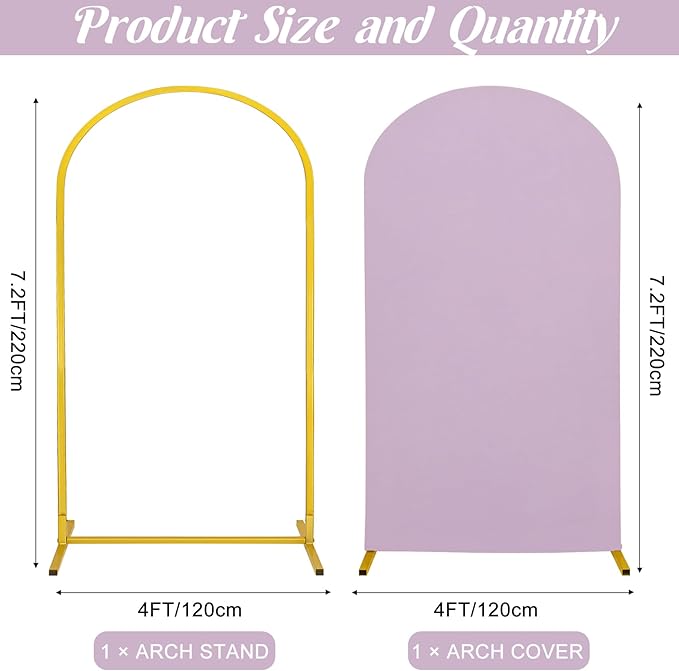Metal Arch Stand and Cover Set,1 Light Purple Spandex Fitted Backdrop with 1 Gold Wedding Arched Stand Frame for Parties Birthday Baby Shower Bridal Banquet Decoration (7.2FT)
