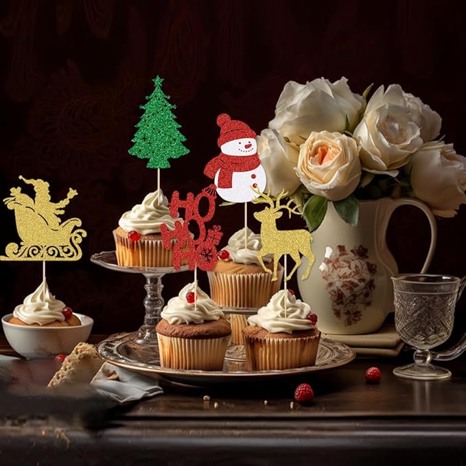 24Pcs Merry Christmas Cupcake Toppers Glitter Christmas Tree Santa Snowman Deer Garland Hohoho Cupcake Picks for Xmas Holiday