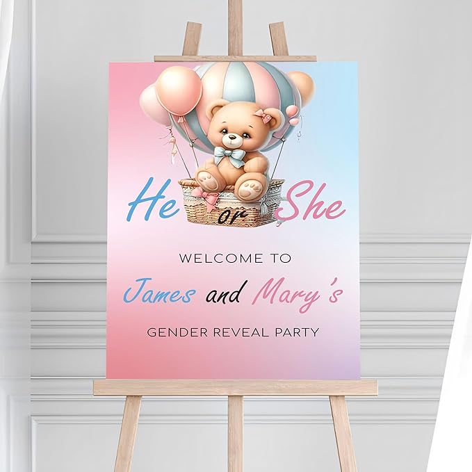 Baby Girl Welcome Signs, Bear Theme For Gender Reveal Ceremony, Teddy Bear Themed Gender Reveal Decorations, Gender Reveal Sign, Hot Air Balloon Theme For Girls