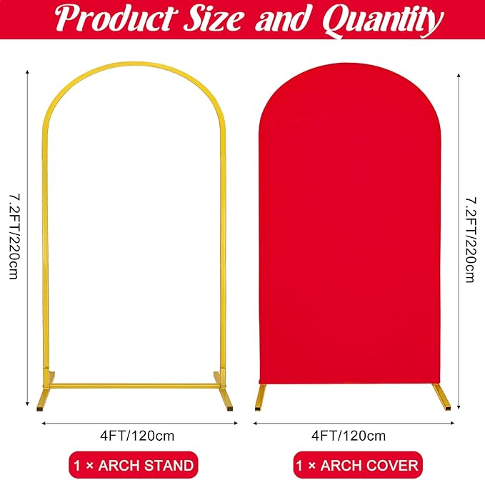 Metal Arch Stand and Cover Set,1 Red Spandex Fitted Backdrop with 1 Gold Wedding Arched Stand Frame for Parties Birthday Baby Shower Bridal Banquet Decoration (7.2FT)